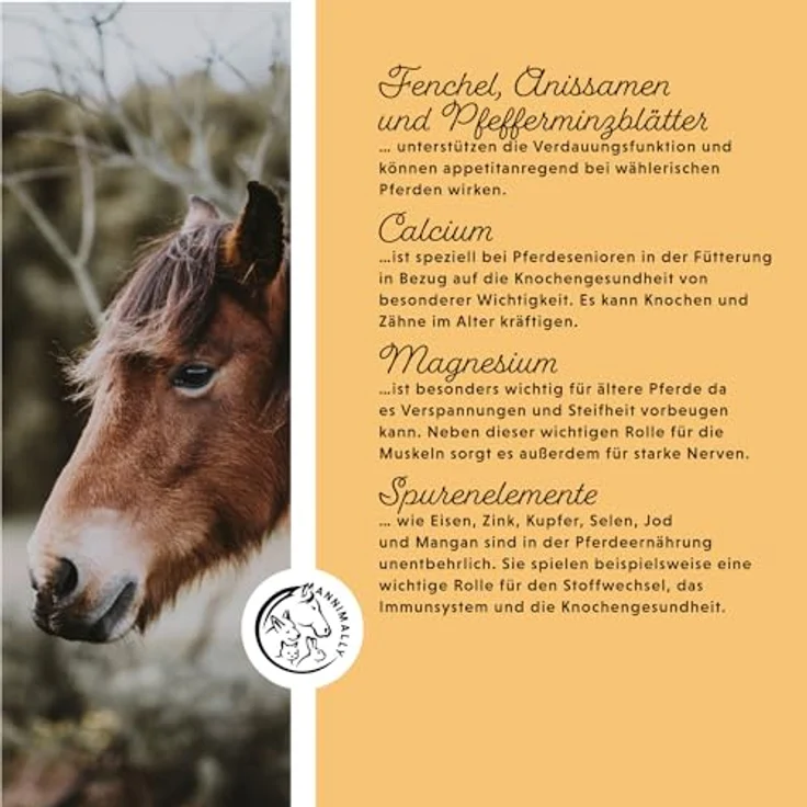 Annimally Senior Mineralfutter Pferde getreidefrei, Ergänzungsfutter mit Vitaminen, Mineralstoffen und Spurenelementen für Senior Pferde, 3 kg Eimer – Bild 4