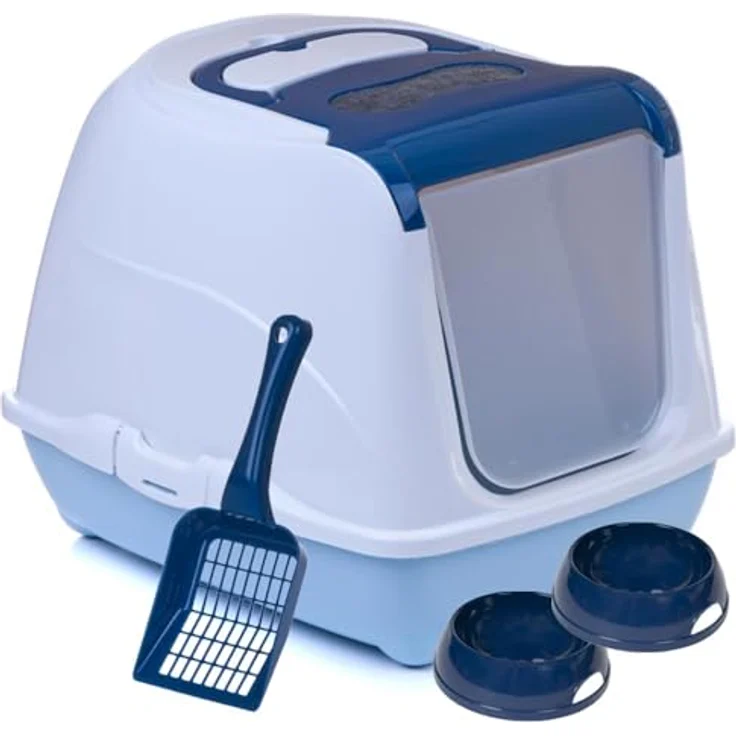 adena Katzentoilette Sondermodell 50, Katzenklo mit Schaufel, Aktivkohlefilter und Haube in Blau, für einfache Reinigung und Geruchskontrolle – Bild 2