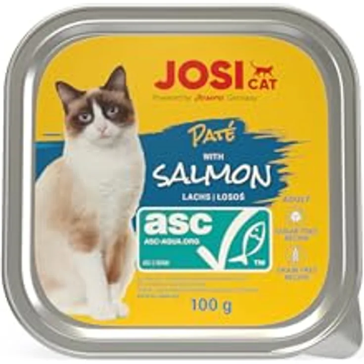 JosiCat Paté mit Lachs (32 x 100 g) | Premium Nassfutter für ausgewachsene Katzen | Getreidefrei, ASC-zertifiziert, ohne Zusatzstoffe | Made in Germany