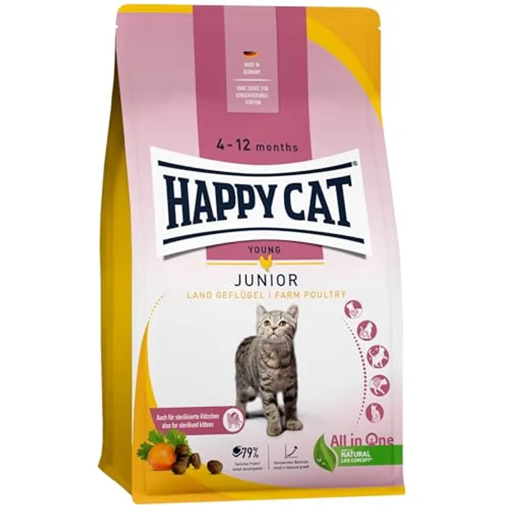 Happy Cat 70539 Young Junior Land Geflügel, Katzen-Trockenfutter für Jung-Katzen ab 4 Monaten, 1,3 kg, hochwertige bio-zertifizierte Zutaten, made in Germany