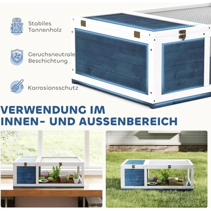 PawHut Schildkrötenhaus aus Holz, großzügiges Schildkrötengehege mit Zweiraumdesign, aufklappbare Oberseite, Outdoor-Reptilienkäfig, Blau – Bild 3