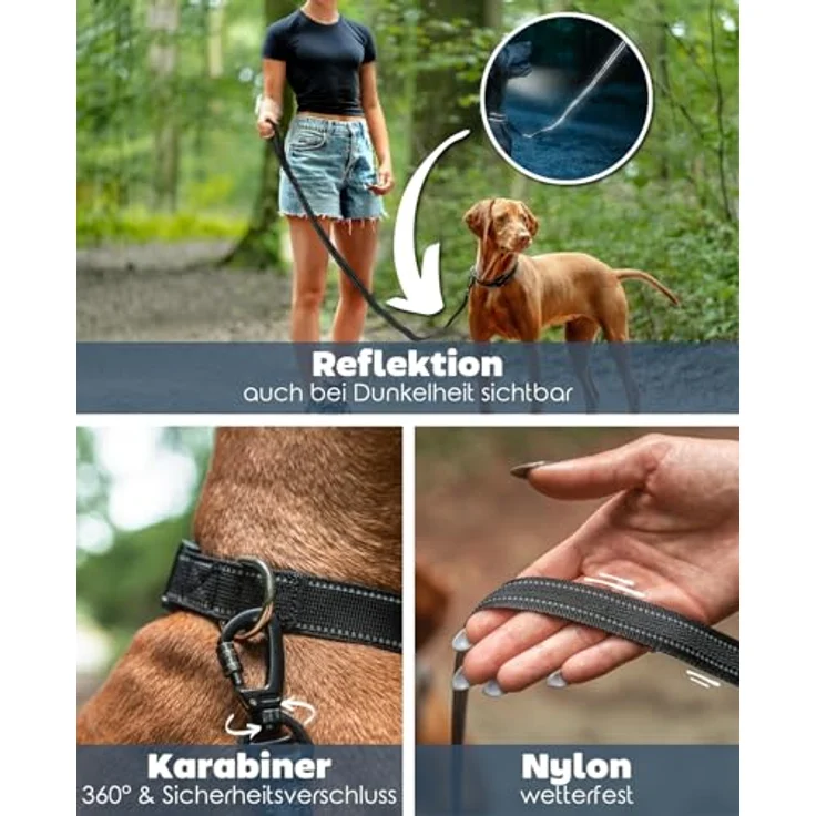 lionto Führleine für Hunde, 120 cm, gummierte Leine mit Handschlaufe, 360° Metallkarabiner, Sicherheitsverschluss, reflektierend, wetterfestes Nylon, schwarz – Bild 3