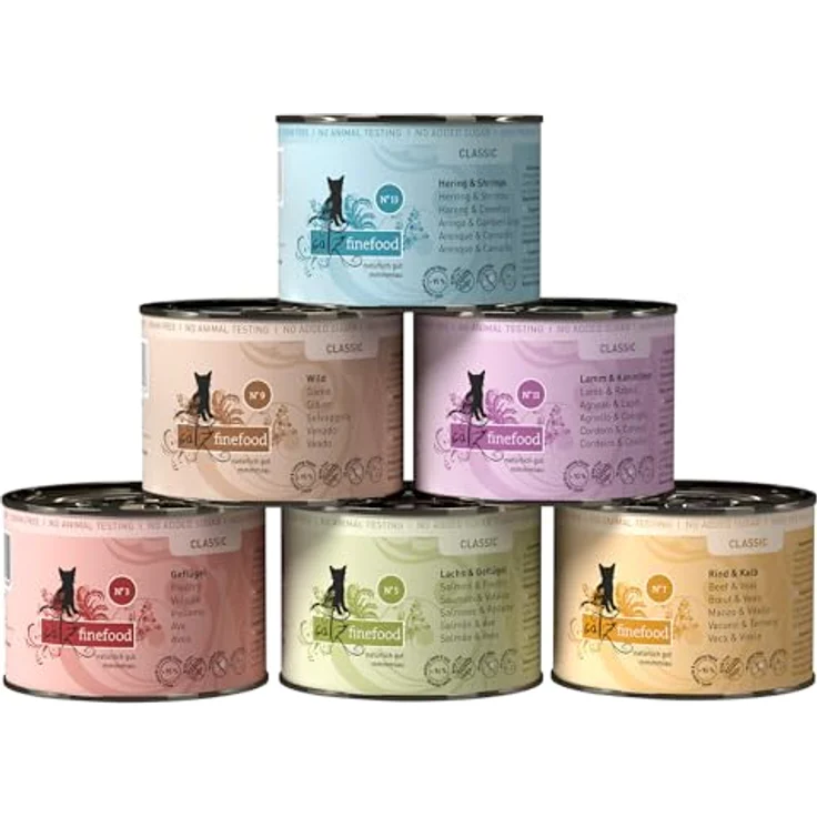 catz finefood Feinkost Katzenfutter nass Multipack 1, 6 x 200 g Dosen mit Geflügel, Lachs, Kalb, Wild, Lamm und Kaninchen, Alleinfuttermittel ohne Konservierungsstoffe – Bild 1