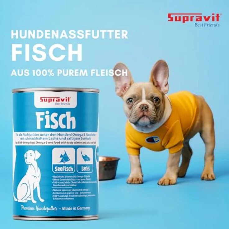 Supravit Nassfutter für Hunde, getreidefrei & ohne Soja, mit Fisch & Lachs, 12 x 410g Dosen – Bild 2