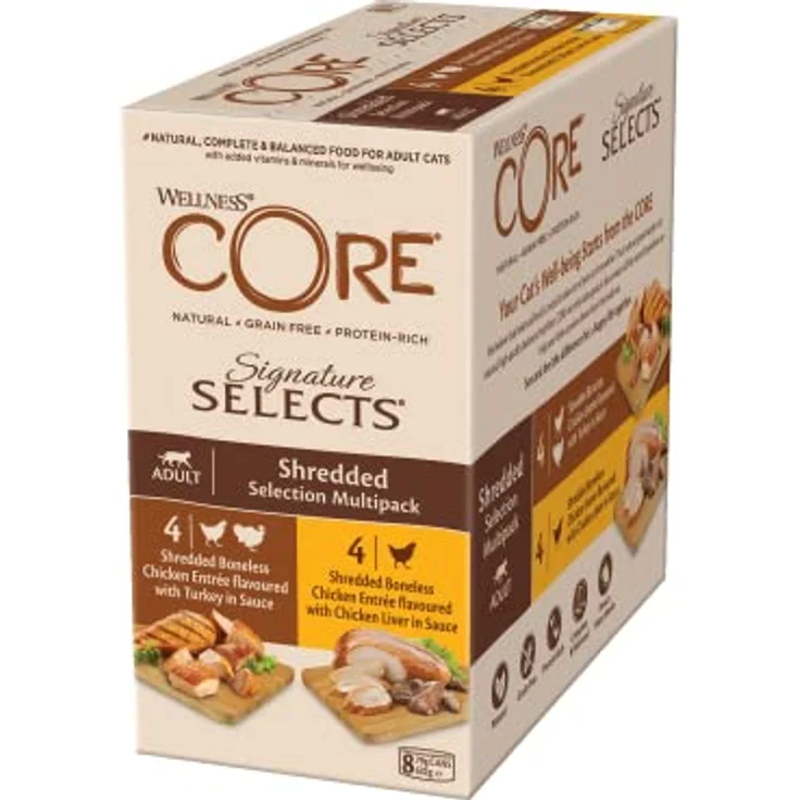 Wellness CORE Signature Selects, Shredded Selection Mix, 8 x 79 g, Premium Nassfutter für ausgewachsene Katzen in Sauce, getreidefrei, ohne Zuckerzusatz, hoher Fleischanteil – Bild 1