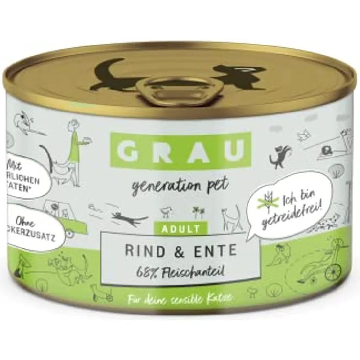 GRAU Nassfutter für Katzen - Rind & Ente, 6er Pack (6 x 200 g), für sensible Erwachsene Katzen, getreidefrei, intensiver Geschmack
