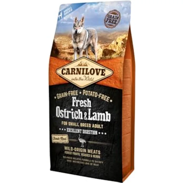 Carnilove Dog Adult Fresh Small Breeds, Trockenfutter mit Strauß und Lamm, 6kg