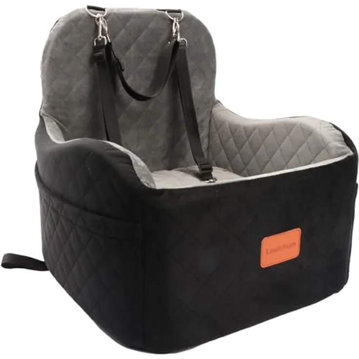 Lealchum Hund Booster Autositz für kleine/mittlere Hunde, Memory Foam, abnehmbar und waschbar, mit 2 Clip-On Sicherheitsleinen, schwarz/grau, mittel