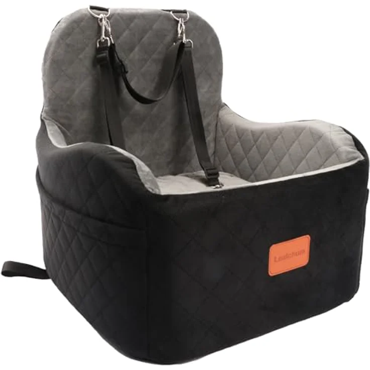 Lealchum Hund Booster Autositz für kleine/mittlere Hunde, Memory Foam, abnehmbar und waschbar, mit 2 Clip-On Sicherheitsleinen, schwarz/grau, mittel – Bild 1
