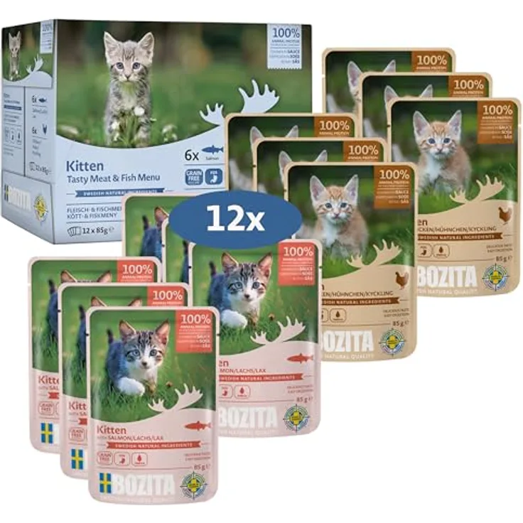 Bozita Nassfutter Häppchen in Sauce mit Fisch und Fleisch, 12x85g getreidefreies & weizenfreies Katzennassfutter für Adult-Katzen mit 8,5% Protein & 4,5% Fettgehalt