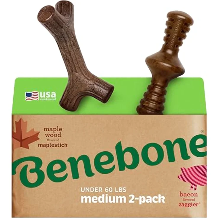 Benebone 2-Pack Indestructible Maplestick/Zaggler für aggressive Kauer, mit echtem Speck- und Ahornholzgeschmack, für mittelgroße Hunde, Made in the USA – Bild 1