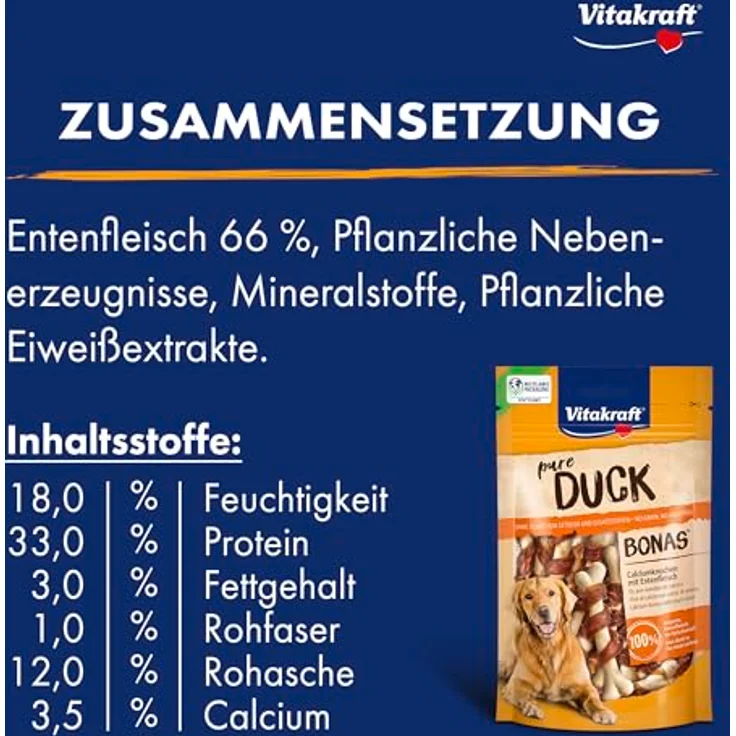 Vitakraft Pure Duck Bonas, Hundeleckerli mit Calciumknochen und Entenfleisch, zuckerfrei, 8x 80g – Bild 4