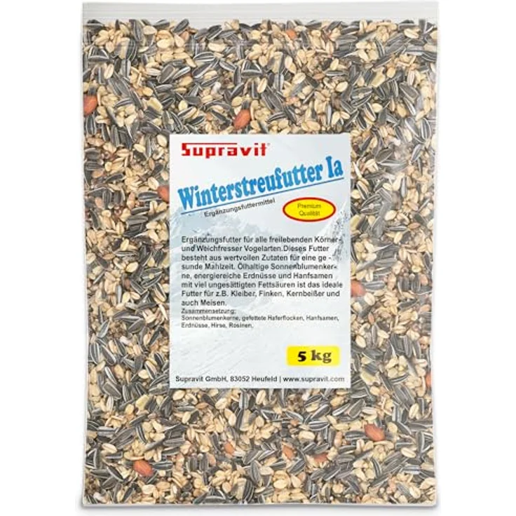 Supravit Winterfutter für Wildvögel, 5kg Mix mit Sonnenblumenkernen, Erdnüssen, Hanfsamen und Rosinen, energiereich und artgerecht – Bild 1