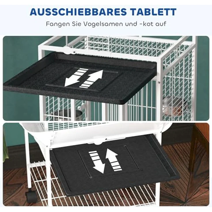PawHut Vogelkäfig für Nymphensittiche, 3-türiger Papageienkäfig mit 2 Sitzstangen, 360° Rollen, herausnehmbarem Tablett, 62,5x62,5x156cm, Weiß – Bild 3