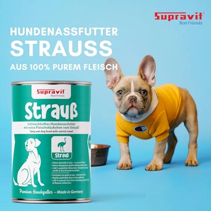 Supravit Nassfutter für Hunde, 12 x 410g Dosen mit Strauß, getreidefreies Hundefutter für ernährungssensible Hunde – Bild 2