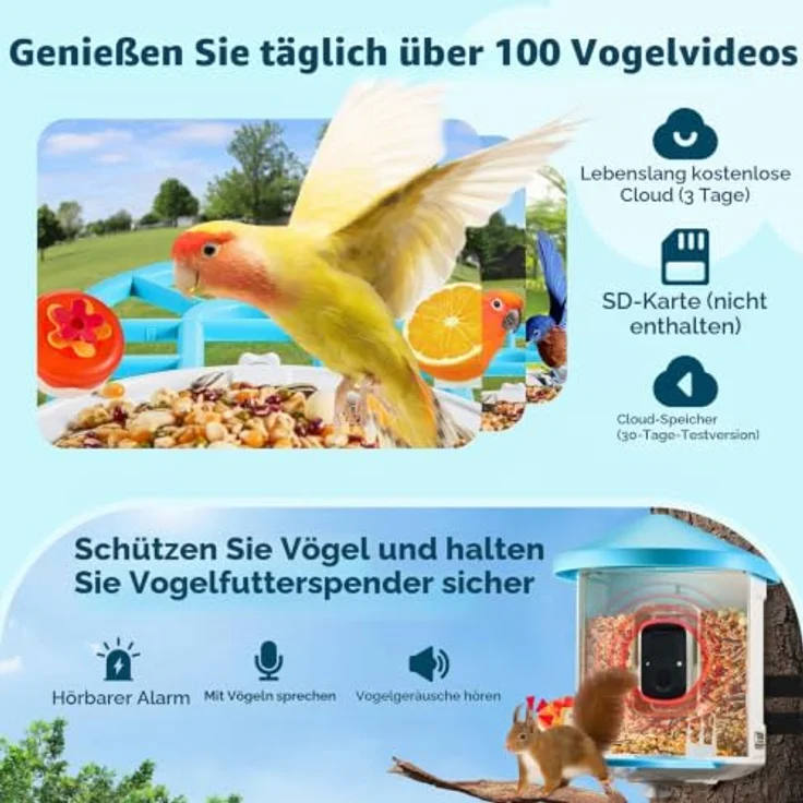 VEVOR Vogelfutterhaus mit 2K HD Kamera, KI Vogelerkennung für über 10.000 Vogelarten, solarbetrieben mit automatischer Aufnahme und Benachrichtigung, 2 Solarmodule – Bild 5