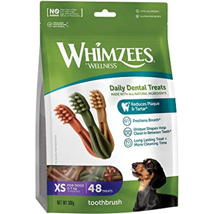WHIMZEES Zahnbürste XS, 48 Stück – Getreidefreie Kaustangen für sehr kleine Hunde, natürlich, ohne Zuckerzusatz, effektive Zahnpflege