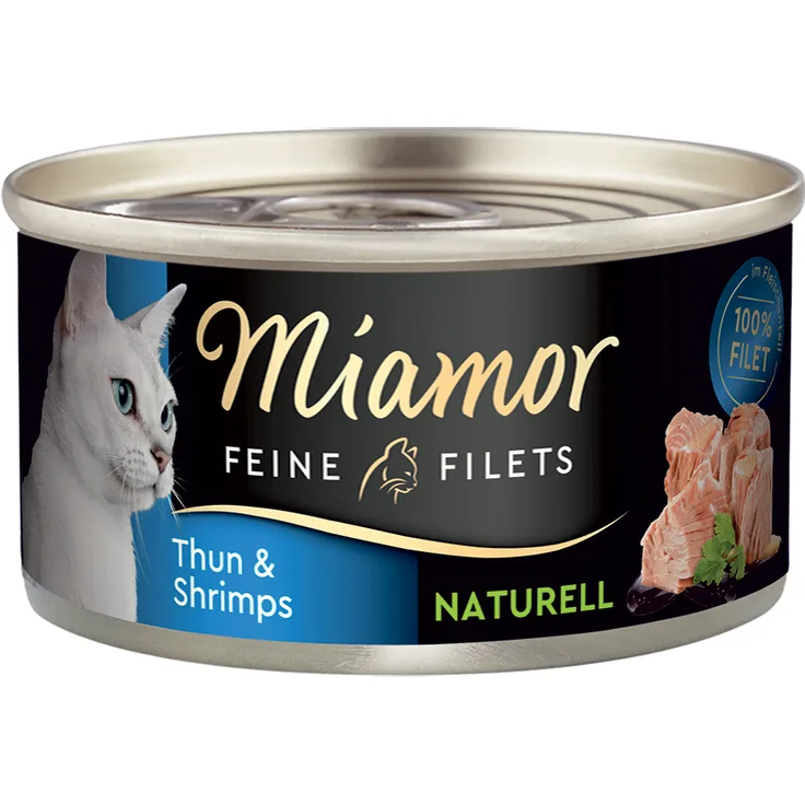 Miamor Feine Filets Naturelle, Sparpaket mit 24 x 80 g Thunfisch & Shrimps, Ergänzungsfuttermittel für Katzen, leicht verdaulich, geringer Fettgehalt