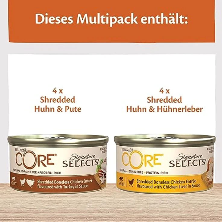 Wellness CORE Signature Selects, Shredded Selection Mix, 8 x 79 g, Premium Nassfutter für ausgewachsene Katzen in Sauce, getreidefrei, ohne Zuckerzusatz, hoher Fleischanteil – Bild 2