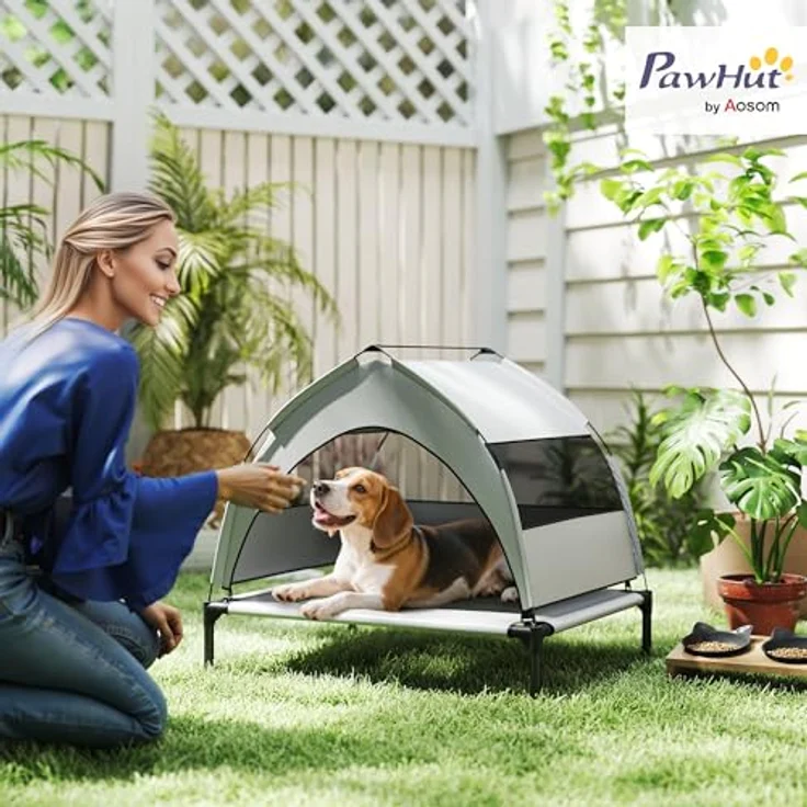 PawHut Hundeliege Outdoor mit Dach, erhöhtes Hundebett für mittelgroße Hunde, atmungsaktiv und kühlend, 76x61x70cm, Hellgrau – Bild 2