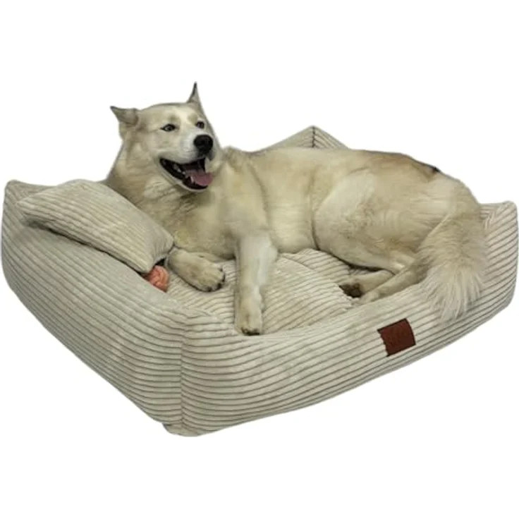 Leo4dog Hundebett Cord, Waschbarer Bezug mit rutschfester Basis, Beige, M 80x60 – Bild 5