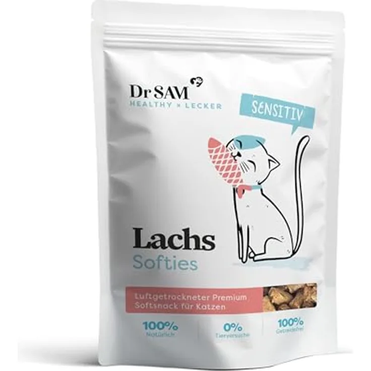 Dr. SAM Premium Snacks für Katzen - Lachs Softies, 100g - gesunde Leckerlis mit Omega-3-Fettsäuren für glänzendes Fell und gute Verdauung, glutenfrei, 100% natürliche Inhaltsstoffe, ohne Chemie und Zusätze, hergestellt in Deutschland