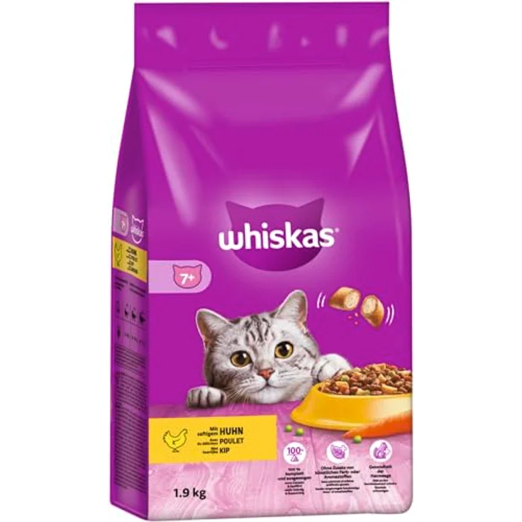 Whiskas Senior 7+, Katzenfutter mit Huhn, 1,9 kg, zur Unterstützung der Harnwege und Zahnpflege, mit Taurin und Vitamin E – Bild 1
