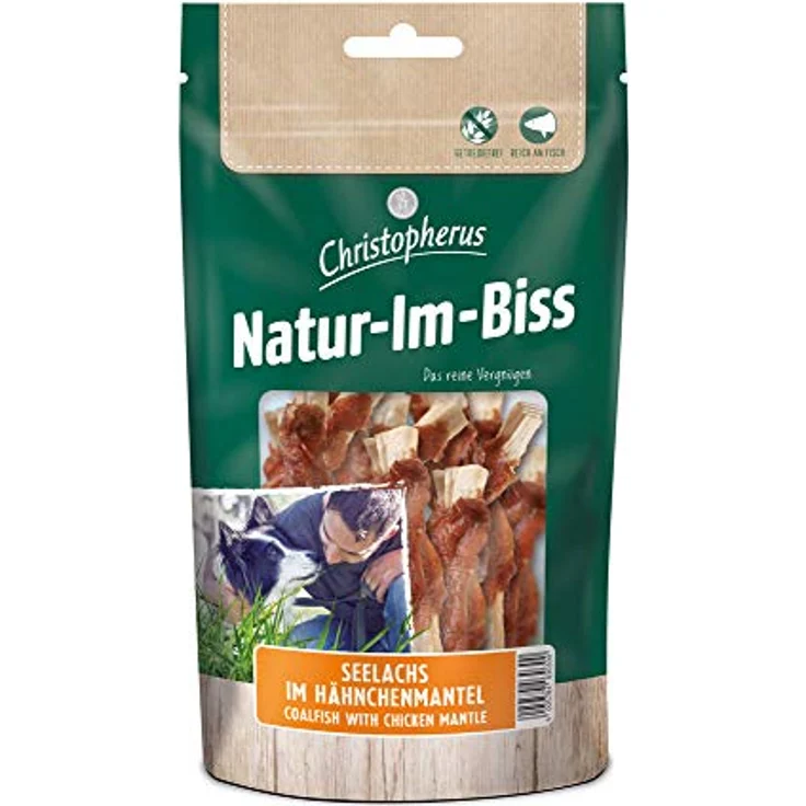 Christopherus Kausticks für Hunde, Seelachs im Hähnchenmantel, warmluftgetrocknet, 70 g, 100% natürliche Zutaten – Bild 1