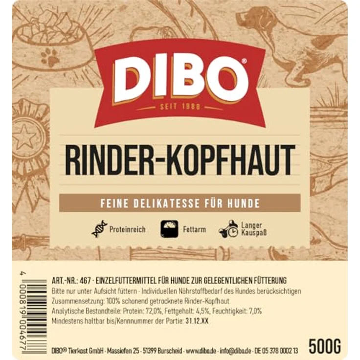DIBO Rinderkopfhaut 500g, natürlicher Hundesnack für Zahngesundheit, leicht verdaulich für mittelgroße bis große Hunde – Bild 4