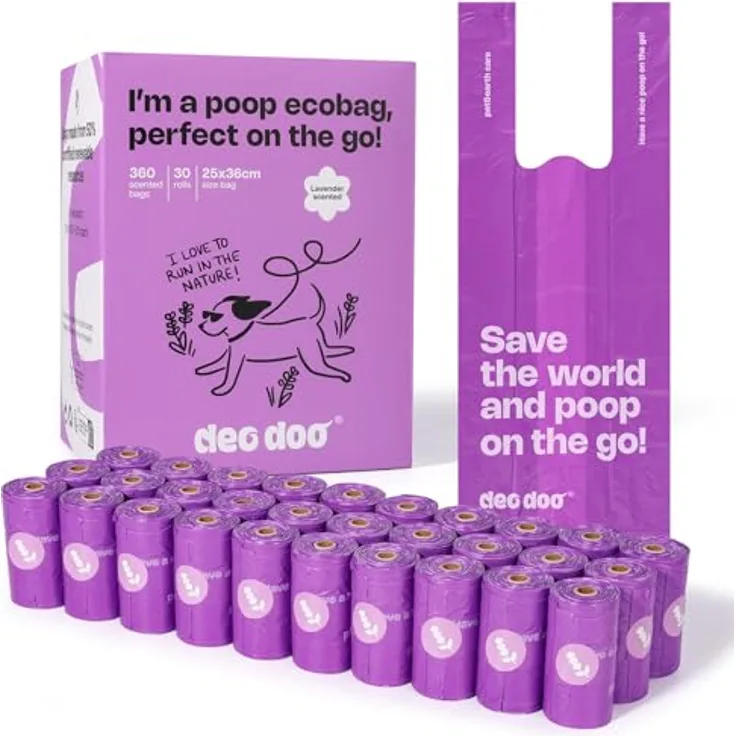Deo Doo Hundekotbeutel Biologisch Abbaubar mit Henkel, Lavendel Duft, 360 Stück, 30 Rollen, Auslaufsicher, Hergestellt aus 50% Speisestärke und recycelten Materialien