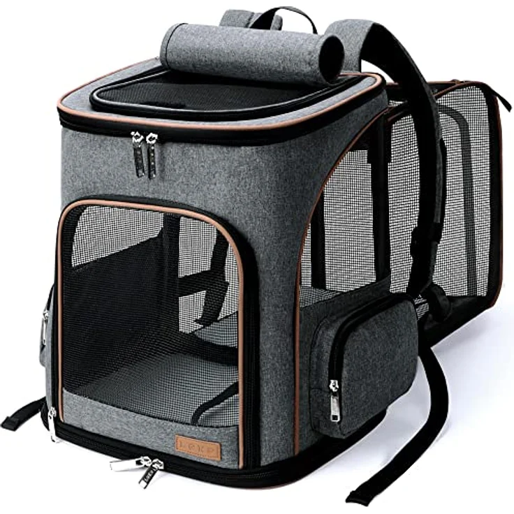 Lekesky XL Groß Katzenrucksack Hunderucksack für Haustiere bis 10 kg, erweiterbar und faltbar, grau, mit innerer Sicherheitsleine und 2 waschbaren Matten – Bild 1