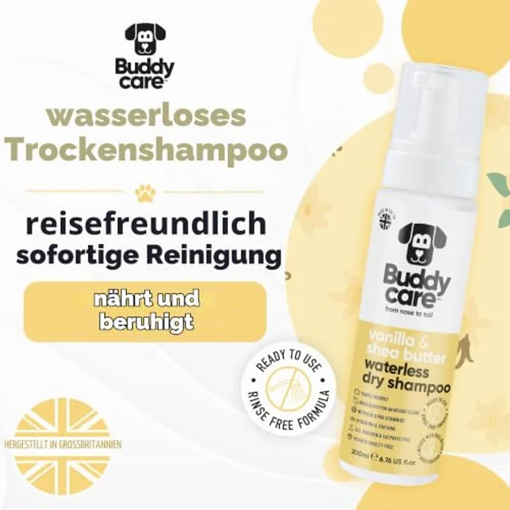 Buddycare Trockenshampoo für Hunde (200 ml) | Vanille & Sheabutter – Wasserloses Shampoo für empfindliche Haut, sanfte Formel für frisches Fell – Bild 2