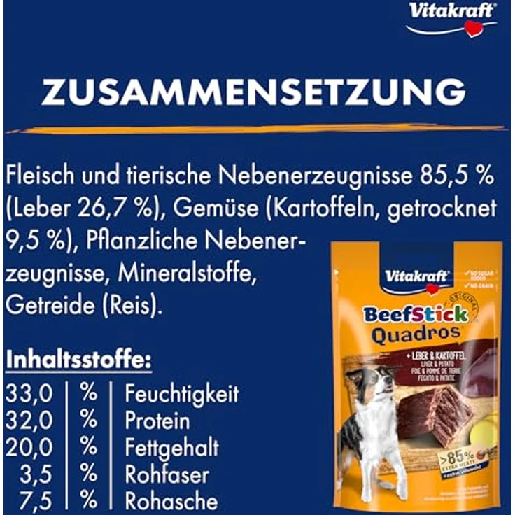 Vitakraft Beef Stick Quadros, Sparpaket mit 7 x 70 g - Leber & Kartoffel, proteinreiche Hundesnacks, getreidefrei, über Buchenholz geräuchert – Bild 4