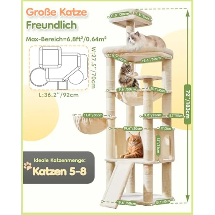 Taoqimiao 183cm Kratzbaum XXL, Großer Katzenbaum mit doppelten Plattformen, Hängematte und umfangreichen Kratzmöglichkeiten für große Katzen – Bild 2