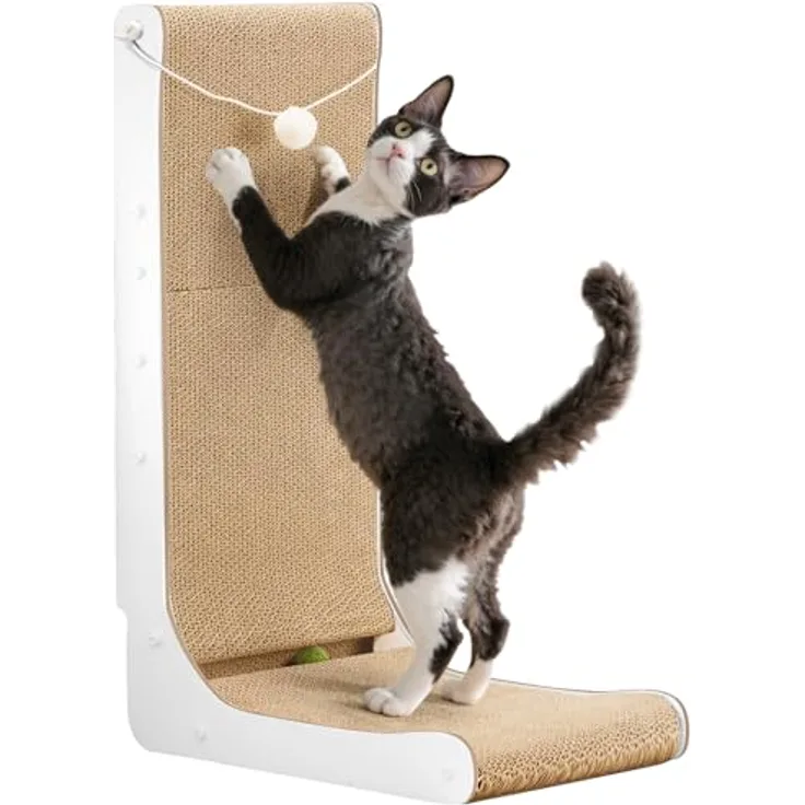 Gimars L-förmiges Katzenkratzbrett, 68 cm hoch, mit interaktivem Spielball, robust und langlebig, schützendes Katzenspielzeug für Möbel, Platzsparendes Design