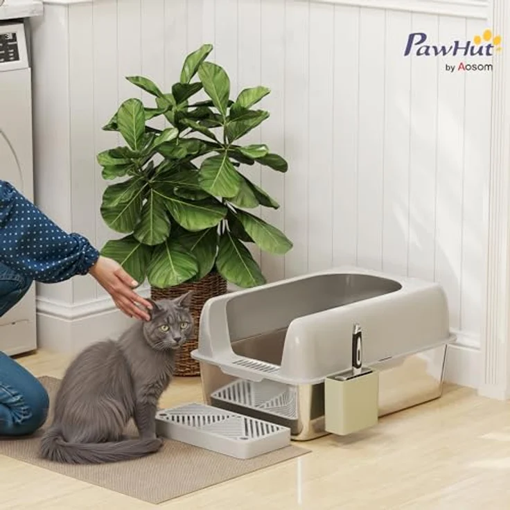 PawHut Edelstahl-Katzentoilette mit Schaufel, für Katzen unter 4,5 kg, Indoor, Hellgrau – Bild 3