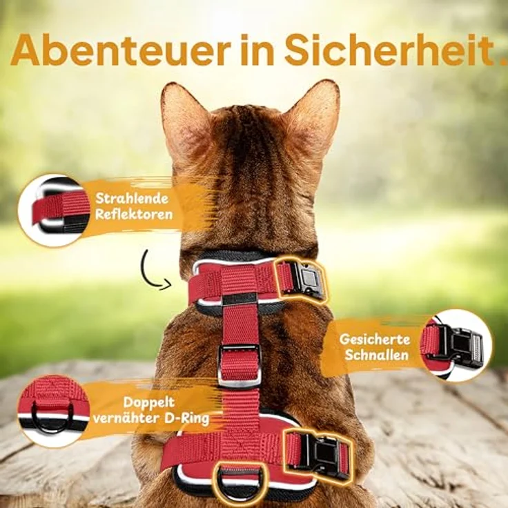 Tierhood Katzengeschirr mit Leine, Leichte Version für Katzen und Kitten, 1,4m Leine, Rot, Größe M, Reflektoren und sicheres Anlegen – Bild 4