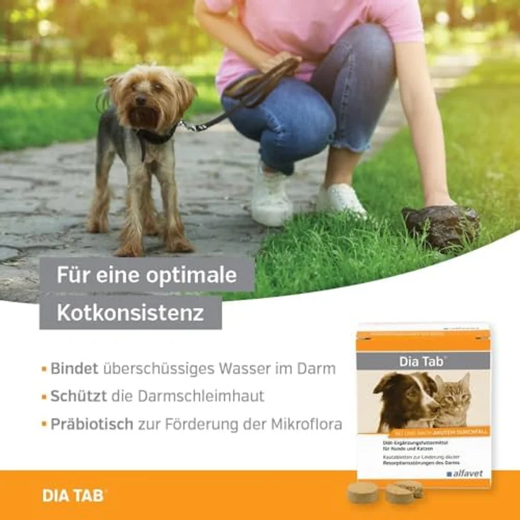 Alfavet Dia Tab PRO, Diät-Ergänzungsfuttermittel für Hunde und Katzen, Kautablette gegen Durchfall, 20 x 5,5g in praktischer Dose – Bild 4