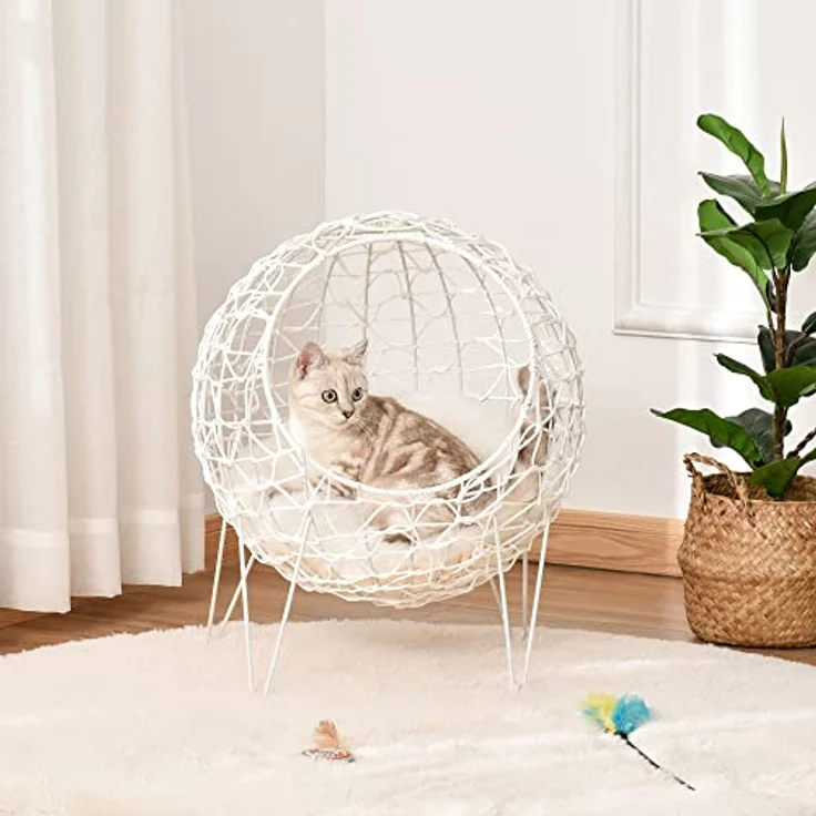 Pawhut Rattan Katzenkorb Katzenhöhle mit Kissen, erhöhtes Design, cremeweiß, Ø45 x 57H cm – Bild 2