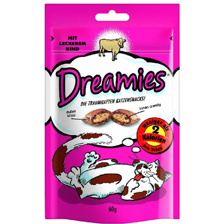 Dreamies Katzensnack Klassik, Sparpaket Rind (6 x 60 g), knusprig mit cremigem Kern, ohne künstliche Aromastoffe, kalorienarm