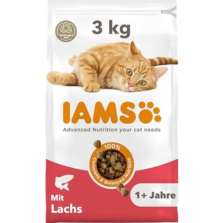 IAMS Katzenfutter trocken mit Lachs, 3 kg - Vollwertiges Trockenfutter für Katzen (1-6 Jahre), reich an tierischen Proteinen, weizenfrei, ohne künstliche Zusätze – Bild 1