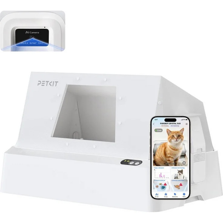 PETKIT Purobot Crystal Duo, intelligente Katzentoilette mit AI-Kamera und automatischer Selbstreinigung, front Entry, in Weiß