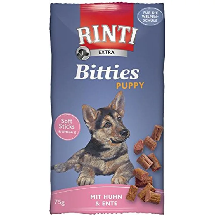 Rinti Bitties Puppy Huhn und Ente, 16 x 75 g, proteinreiche Hundesnacks mit 95% Fleischanteil
