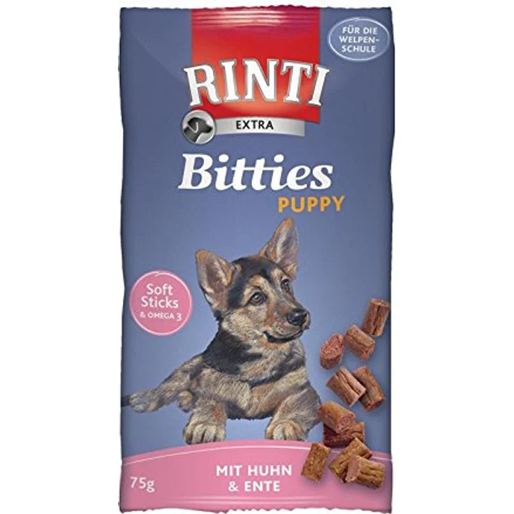 Rinti Bitties Puppy Huhn und Ente, 16 x 75 g, proteinreiche Hundesnacks mit 95% Fleischanteil