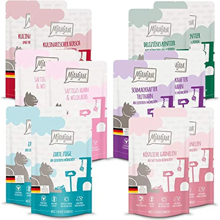 MjAMjAM Nassfutter Katze Adult Quetschie, 12x125 g Mixpaket 5 mit hohem Fleischanteil und gesunden Zutaten