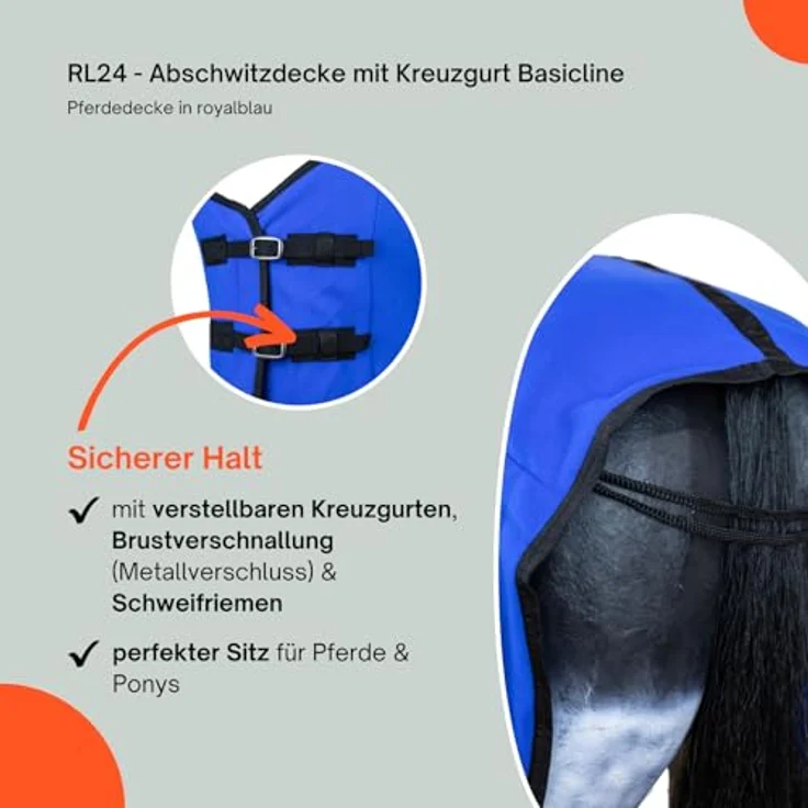 RL24 Abschwitzdecke mit Kreuzgurt BASICLINE, atmungsaktiv und schnelltrocknend, königsblau, 125cm – Bild 4