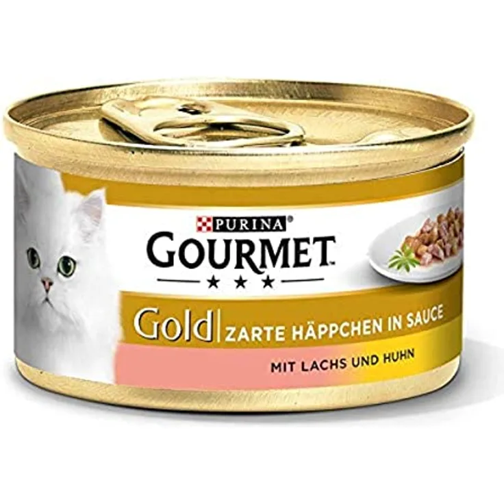 GOURMET Gold Zarte Häppchen in Sauce mit Lachs und Huhn, Katzen-Nassfutter, 12x85g