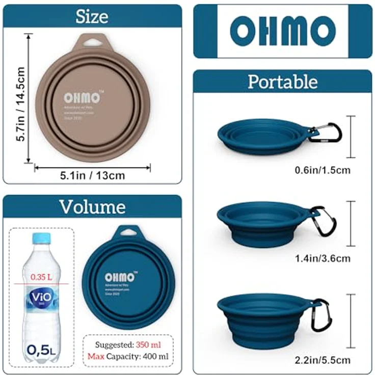 OHMO Faltbarer Hundenapf 400 ml Max, Premium Silikon, 2 Stück in Blau & Beige, tragbar für Outdoor Camping und Wandern – Bild 2