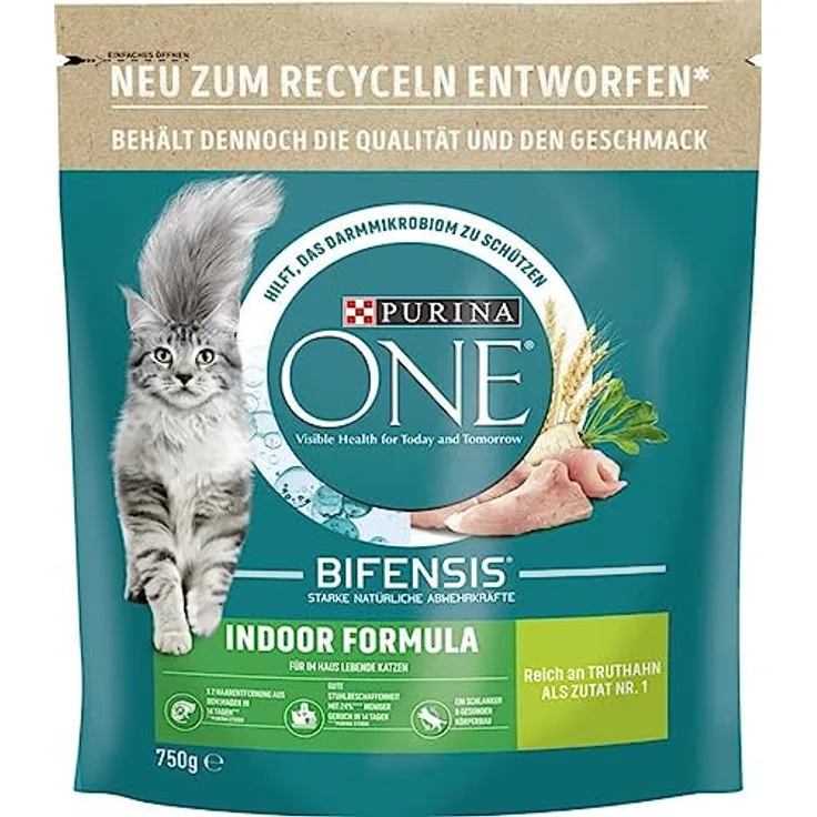 Purina ONE Bifensis Katzenfutter Indoor Formula, 0,75 kg, mit Chicorée zur Geruchsreduktion und verbessertem Darmmikrobiom, angepasstes Protein-Fett-Verhältnis für schlanken Körperbau