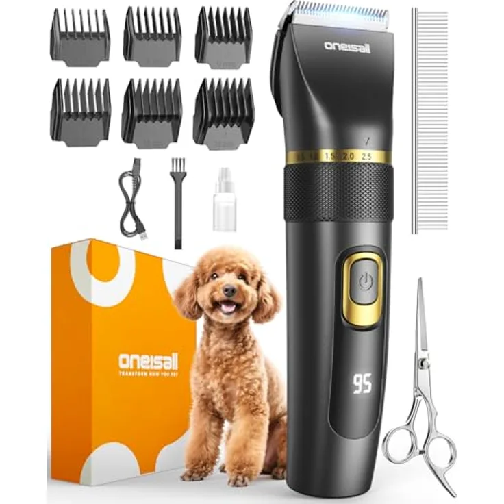 oneisall Leise Hundeschermaschine Upgrade Pro, 2000mAh wiederaufladbar, IPX7 wasserdicht, für Fellpflege bei Hund und Katze, 6 Aufsatzlängen
